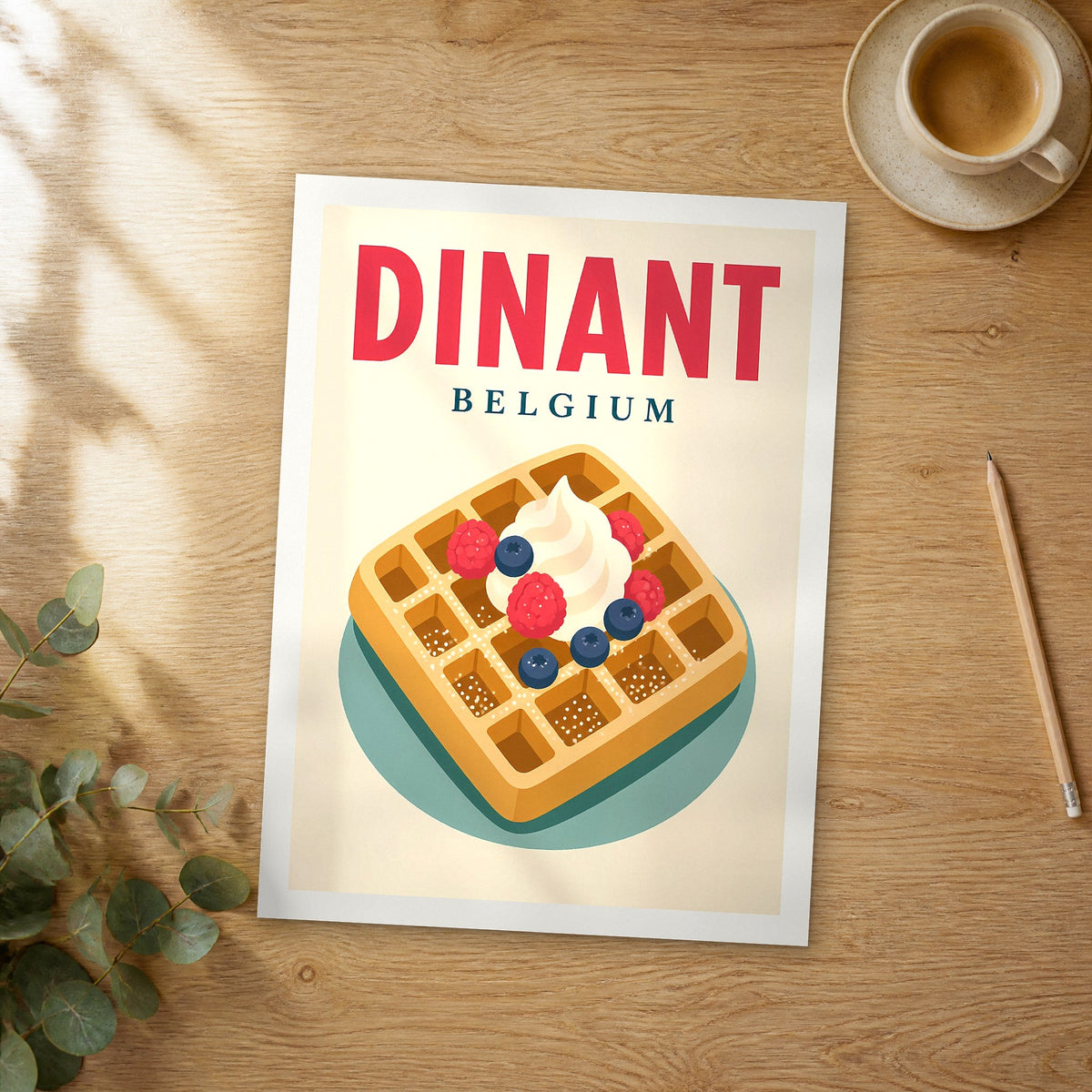 Unframed Dinant pop art travel poster on a wooden table