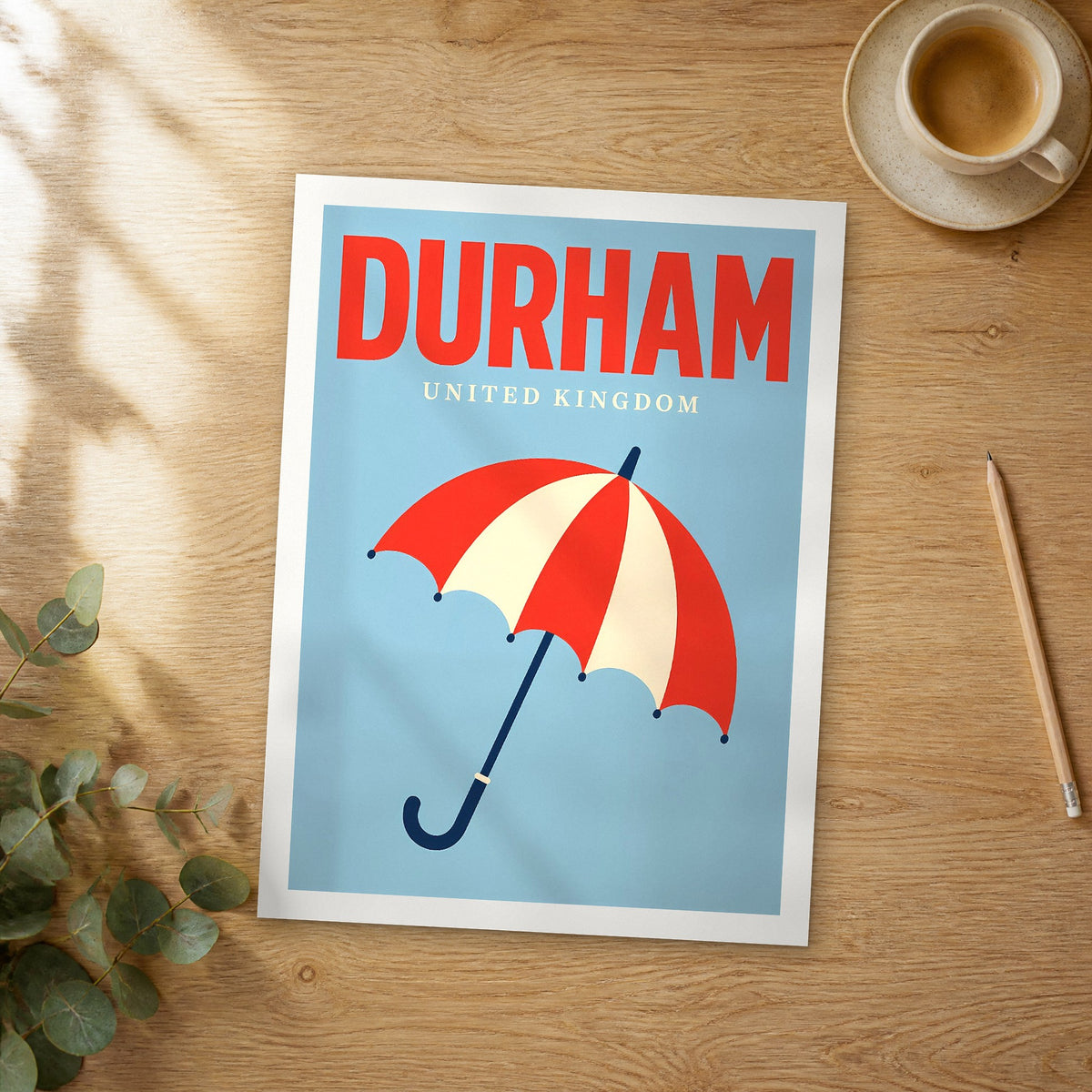 Unframed Durham pop art travel poster on a wooden table