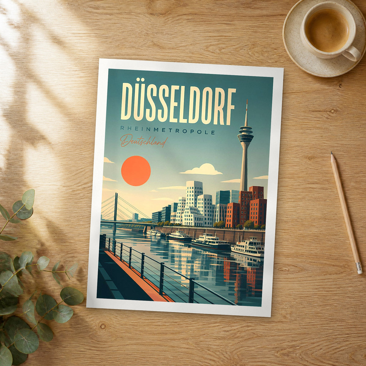 Unframed Düsseldorf retro travel poster on a wooden table