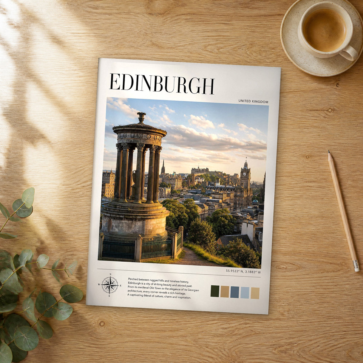 Unframed Edinburgh modern photography travel poster on a wooden table