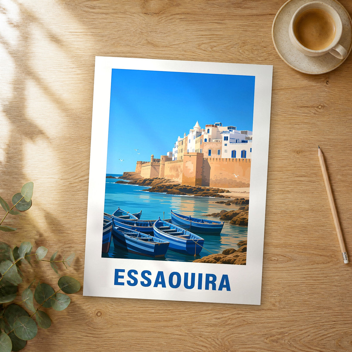 Unframed Essaouira modern digital travel poster on a wooden table