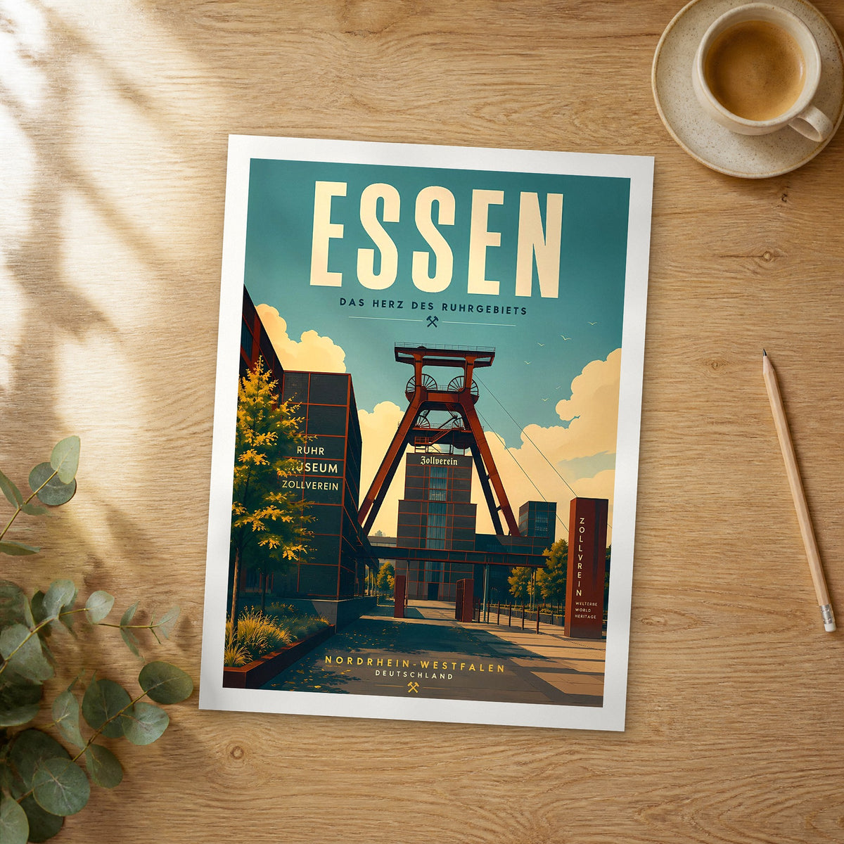 Unframed Essen retro travel poster on a wooden table