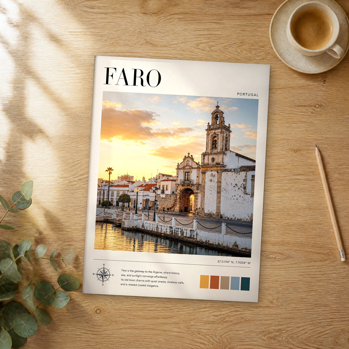 Unframed Faro modern photography travel poster on a wooden table