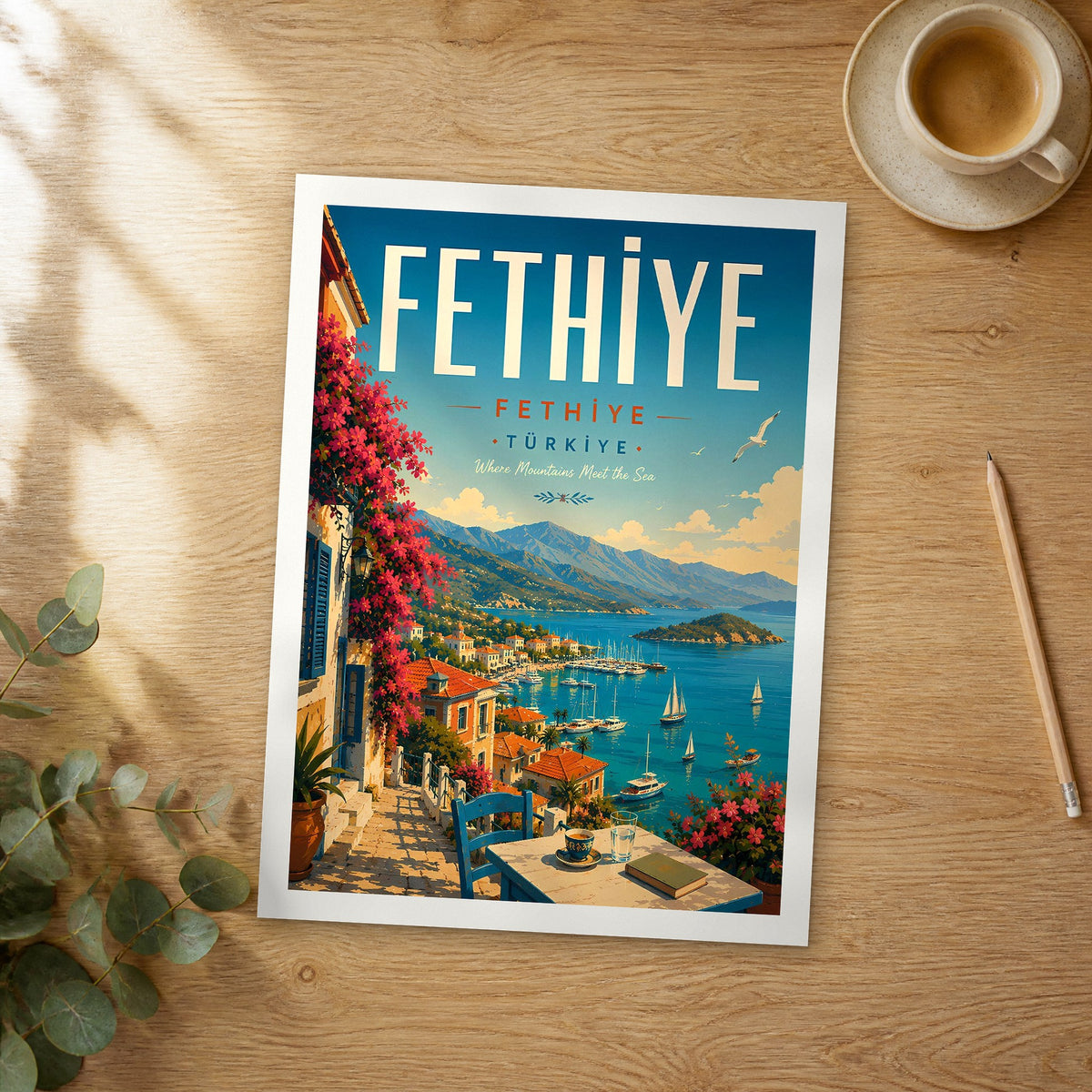 Unframed Fethiye retro travel poster on a wooden table