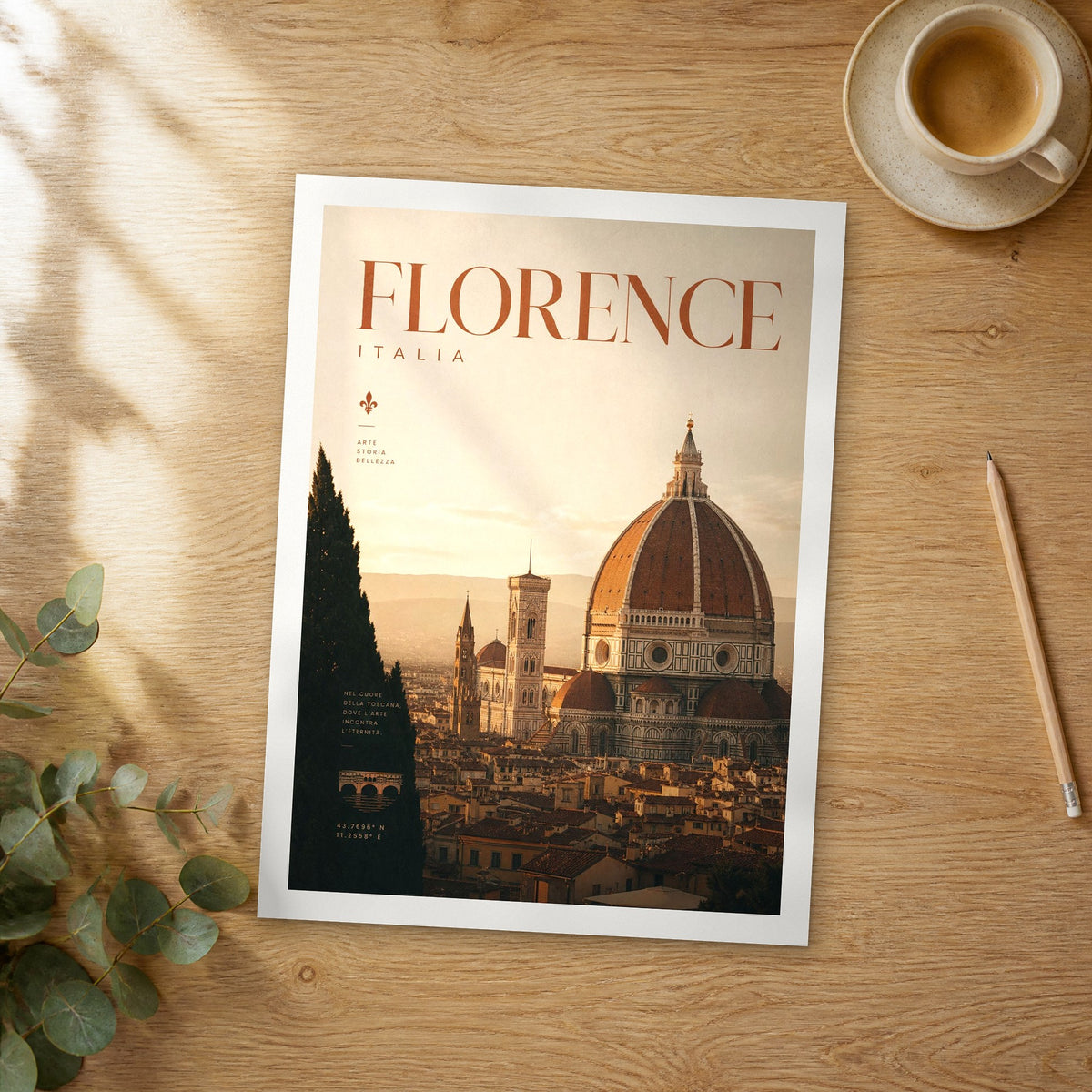 Unframed Florence Duomo Cathedral Dome bold typography travel poster on a wooden table