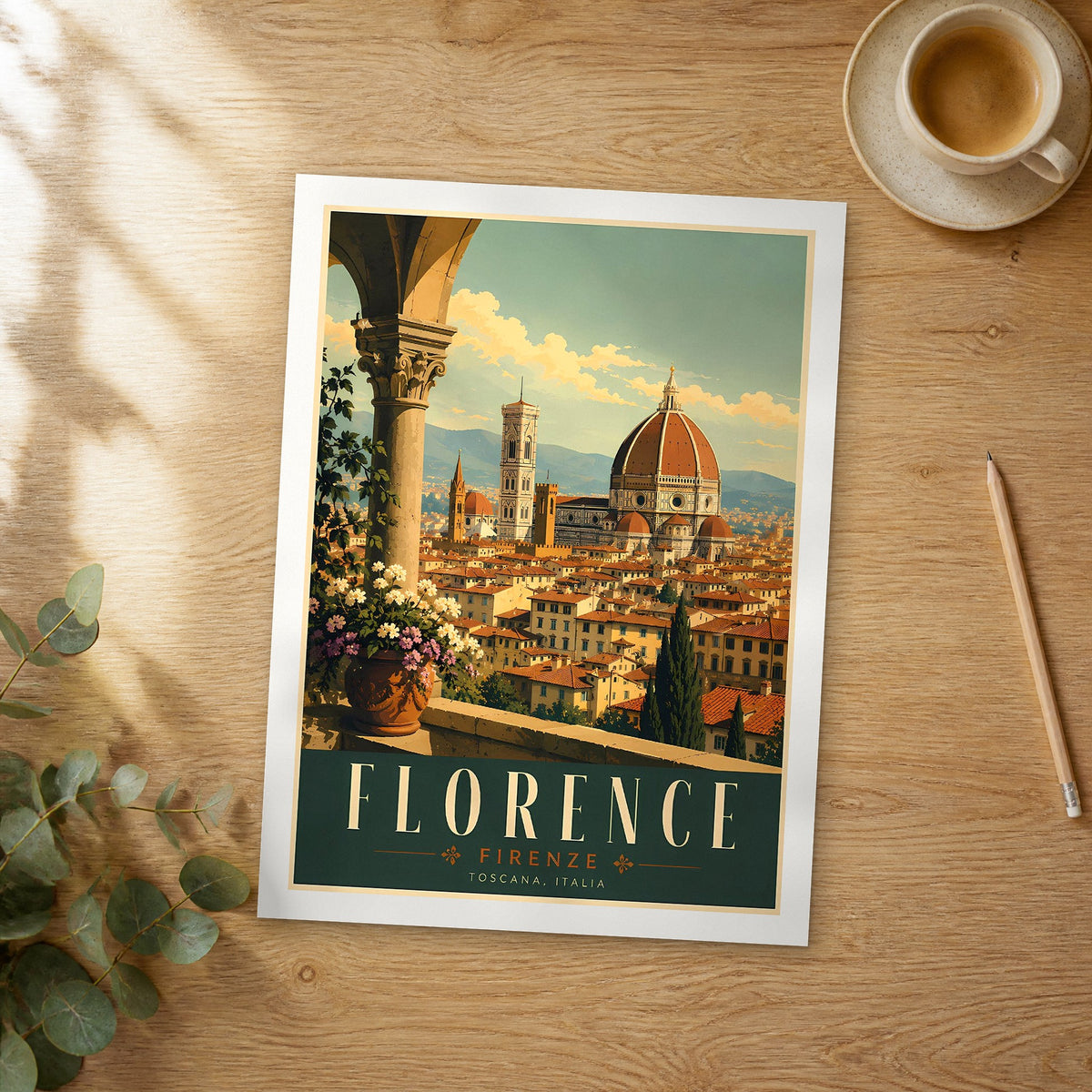 Unframed Florence Duomo from Loggia retro travel poster on a wooden table