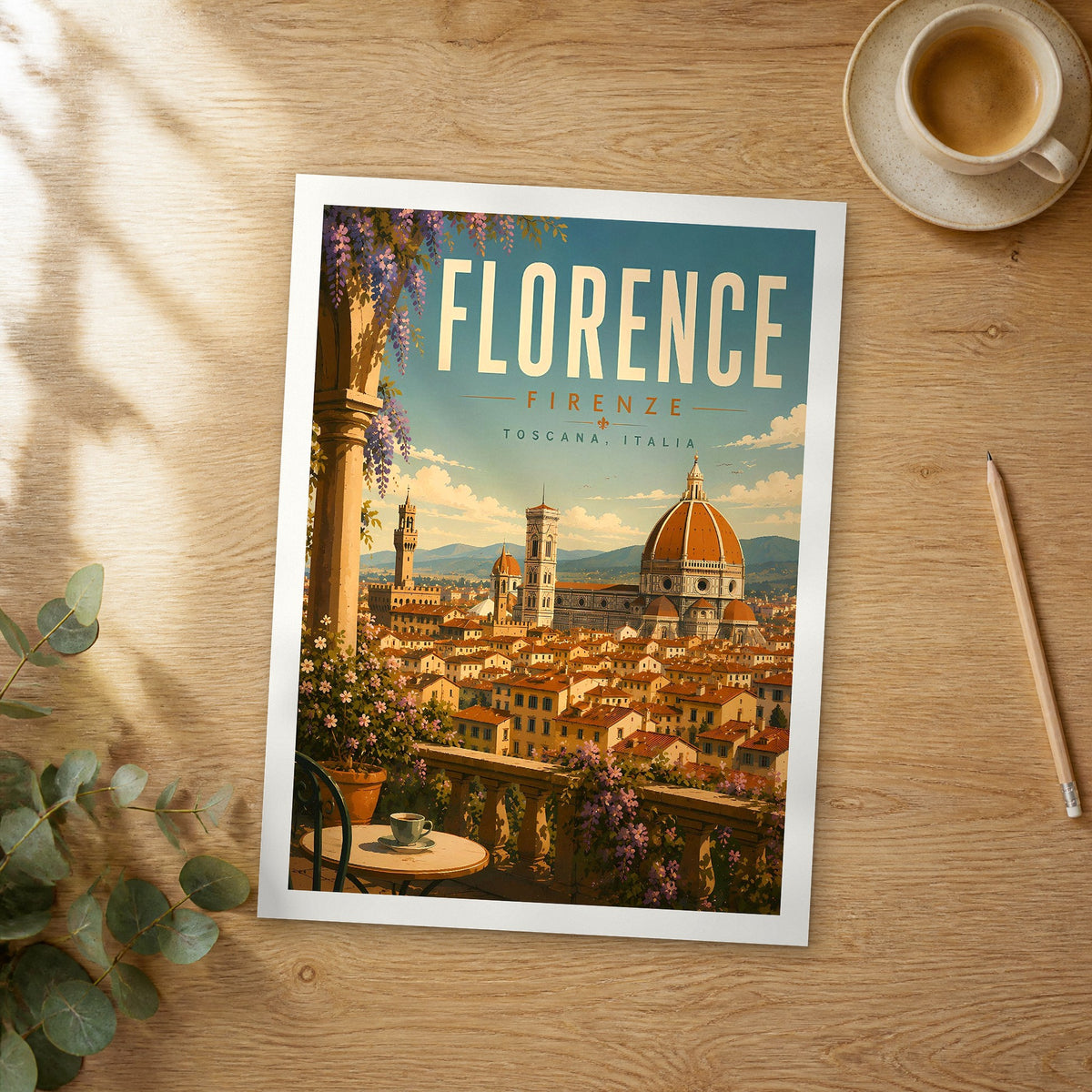 Unframed Florence Duomo from Terrace Café retro travel poster on a wooden table