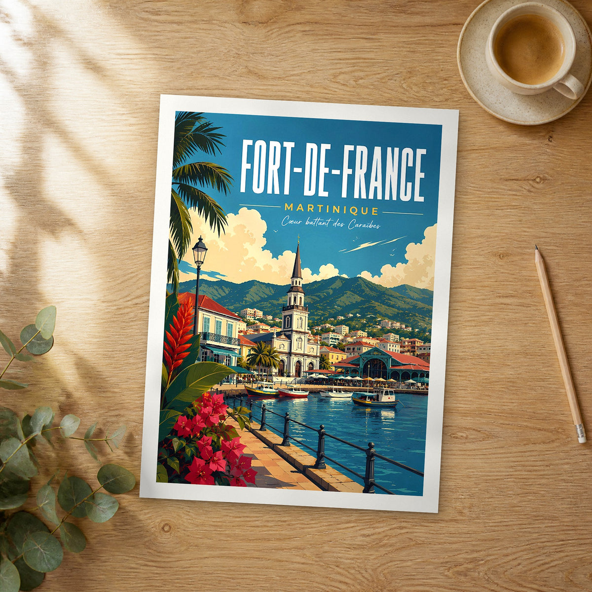 Unframed Fort-de-France retro travel poster on a wooden table