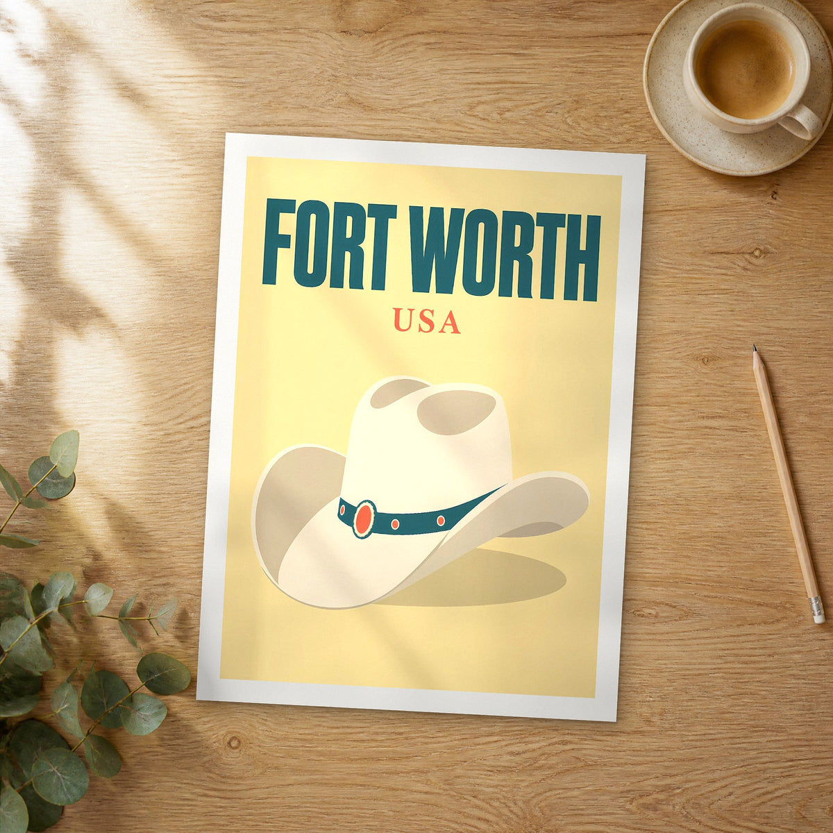 Unframed Fort Worth pop art travel poster on a wooden table