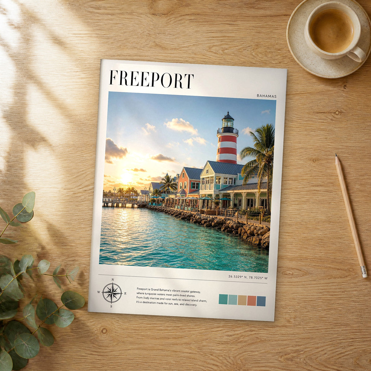 Unframed Freeport modern photography travel poster on a wooden table