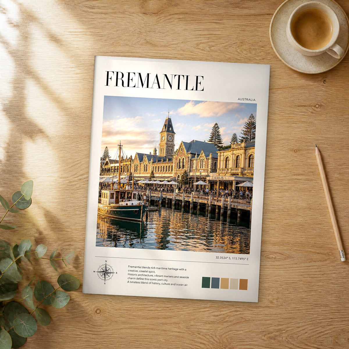 Unframed Fremantle modern photography travel poster on a wooden table