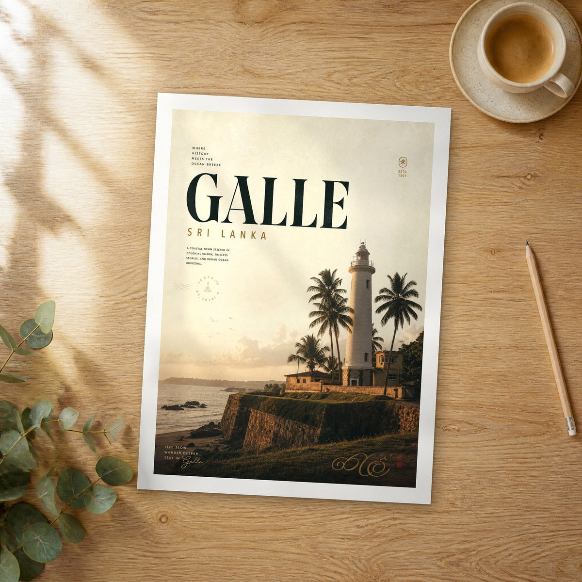 Unframed Galle bold typography travel poster on a wooden table