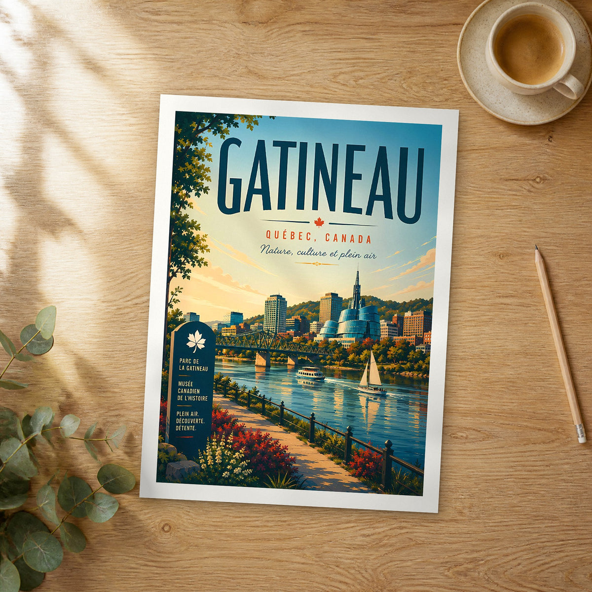 Unframed Gatineau retro travel poster on a wooden table
