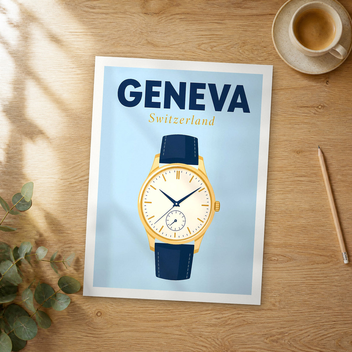 Unframed Geneva pop art travel poster on a wooden table