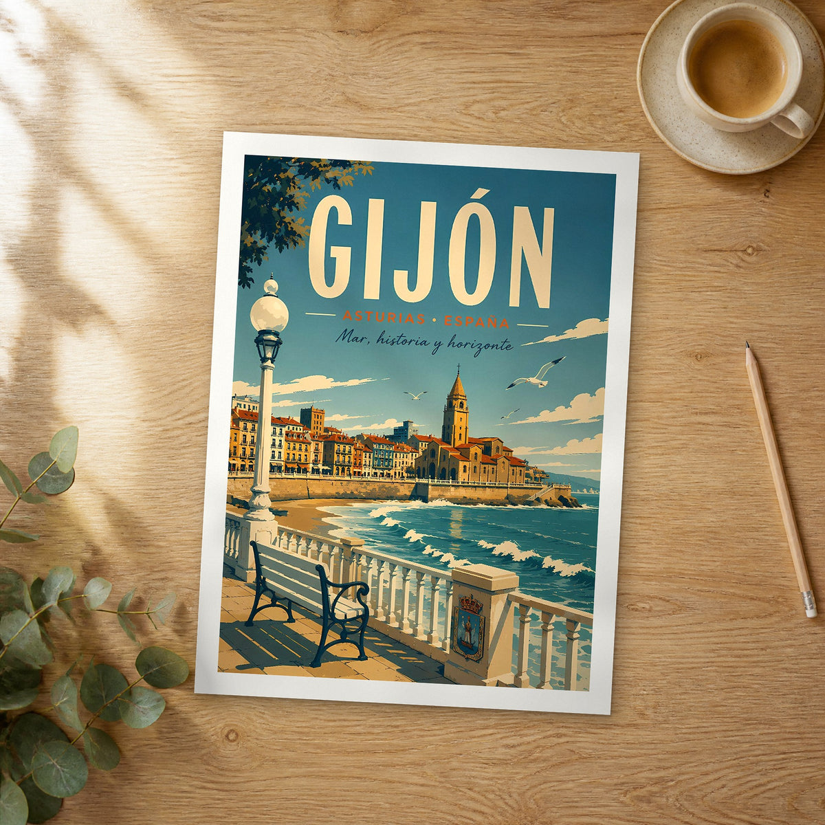 Unframed Gijón retro travel poster on a wooden table