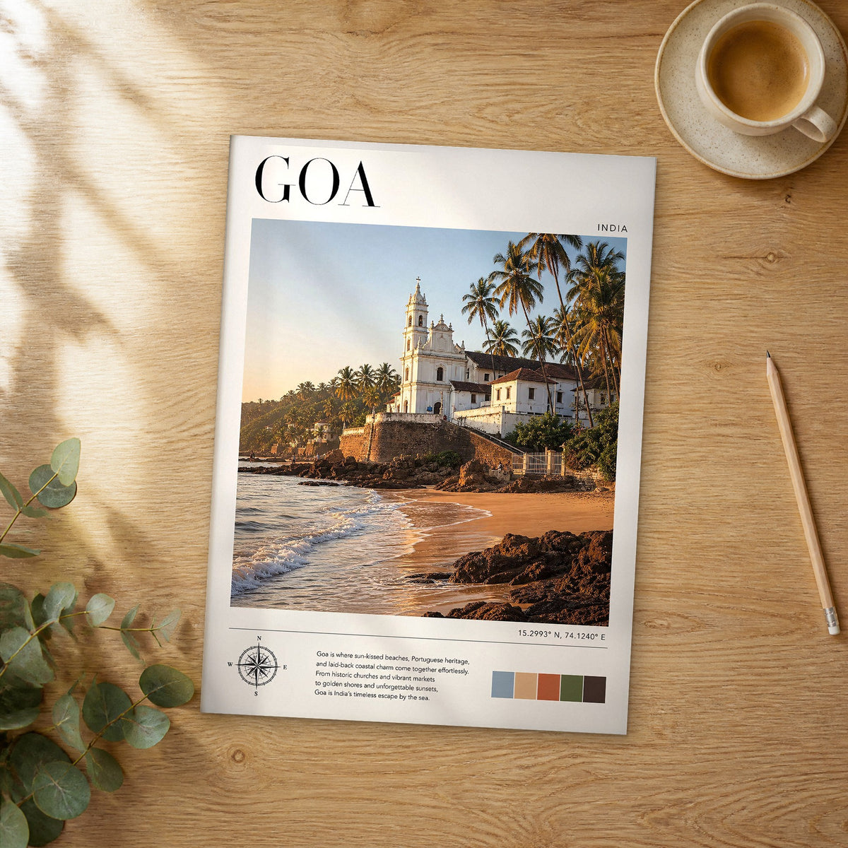 Unframed Goa modern photography travel poster on a wooden table