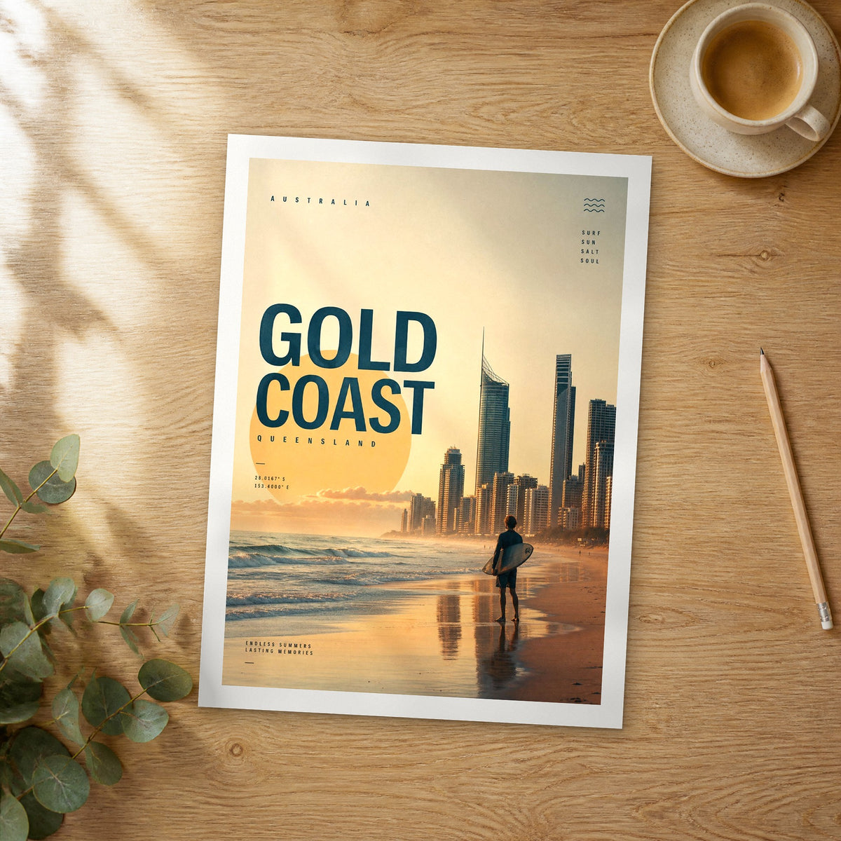 Unframed Gold Coast bold typography travel poster on a wooden table