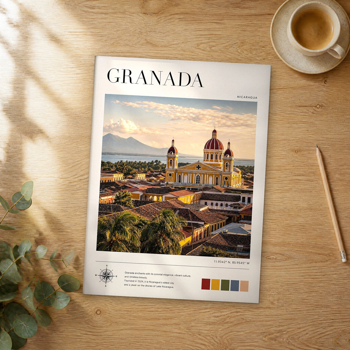 Unframed Granada modern photography travel poster on a wooden table