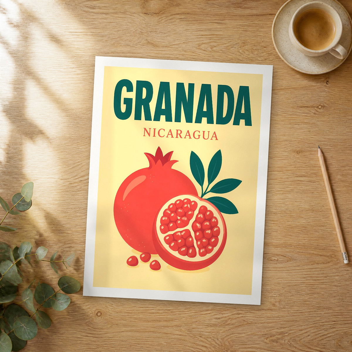 Unframed Granada pop art travel poster on a wooden table