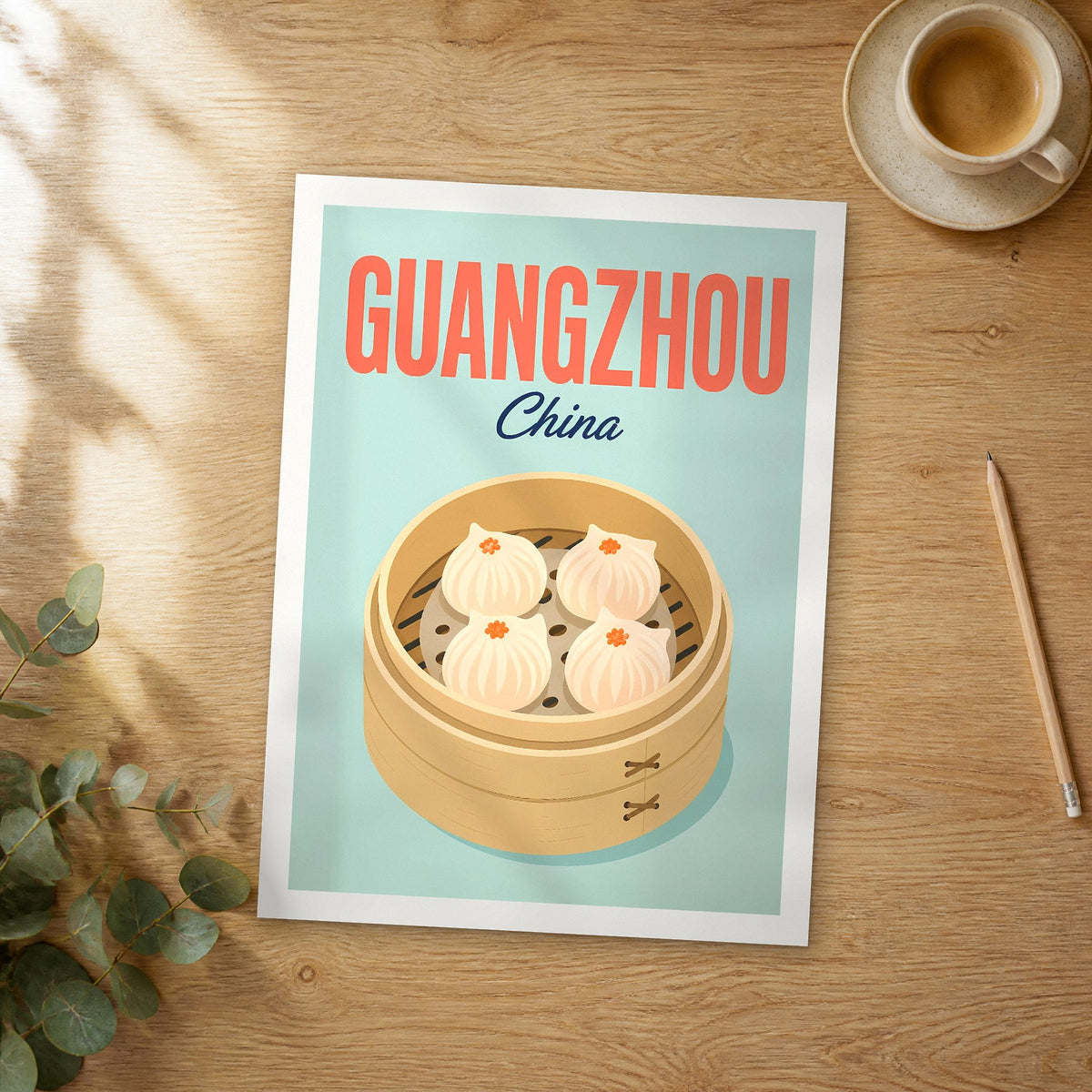 Unframed Guangzhou pop art travel poster on a wooden table