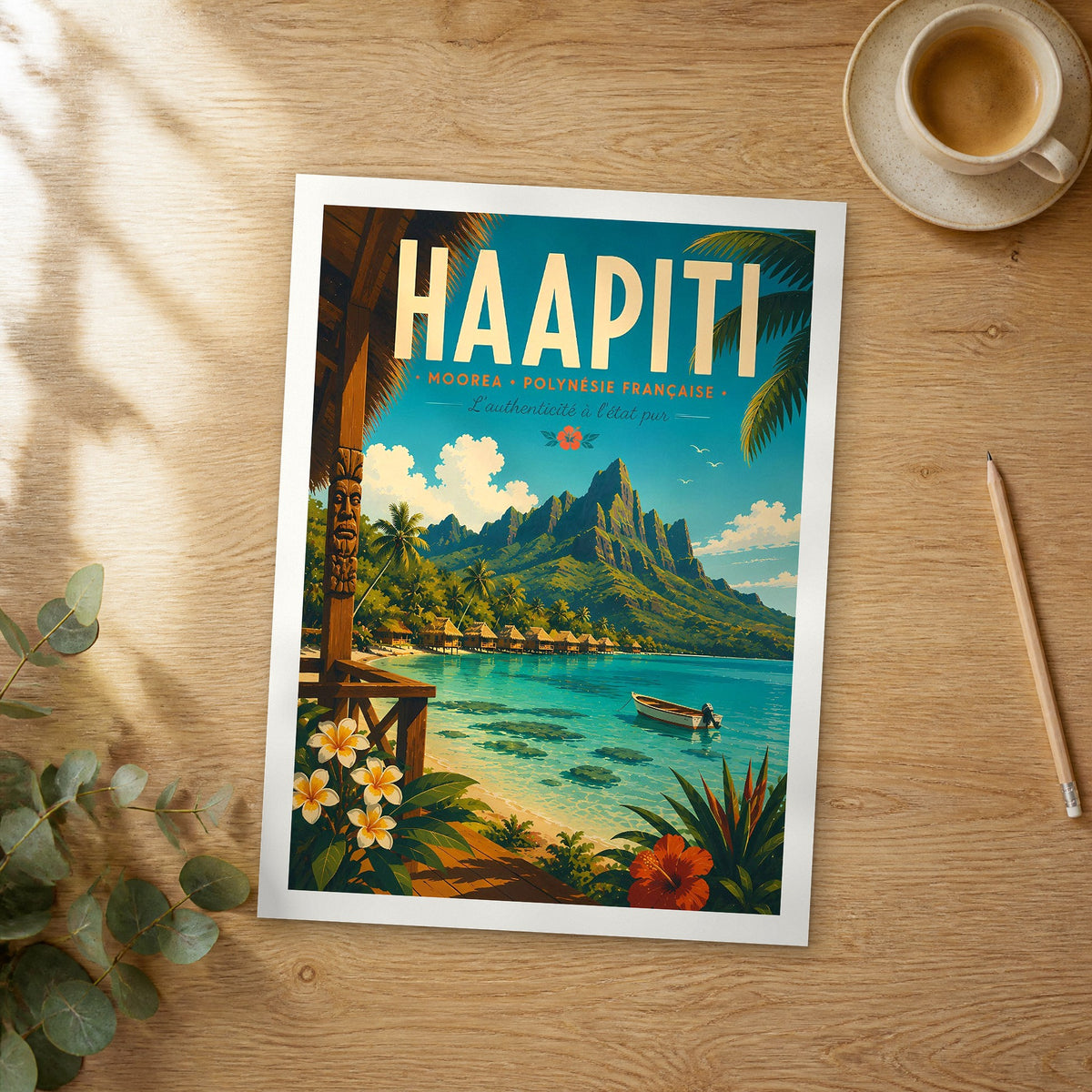 Unframed Haapiti retro travel poster on a wooden table