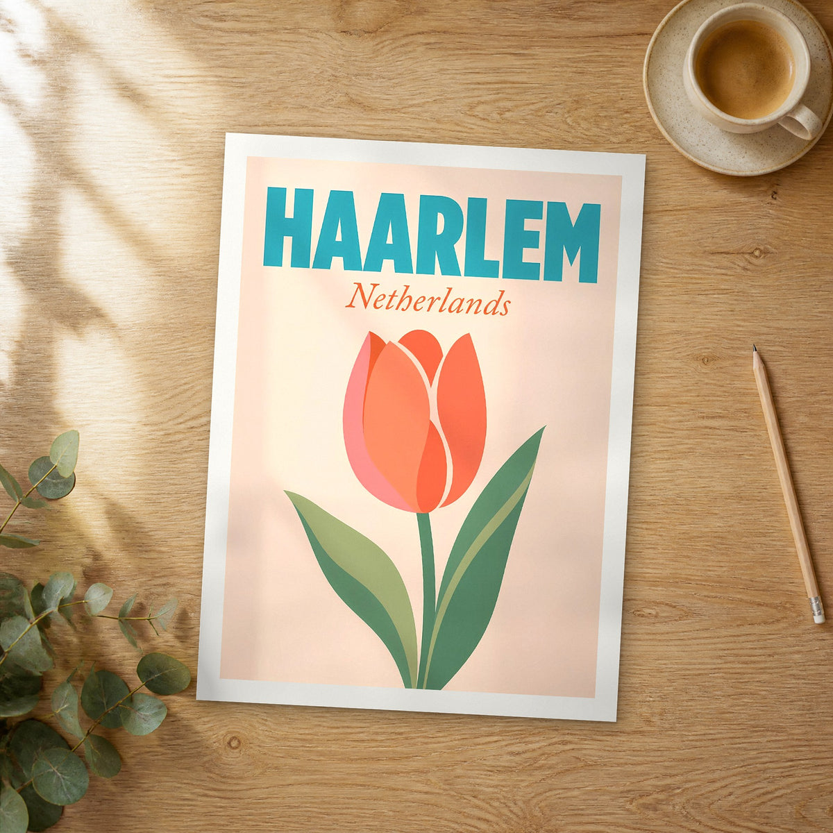 Unframed Haarlem pop art travel poster on a wooden table