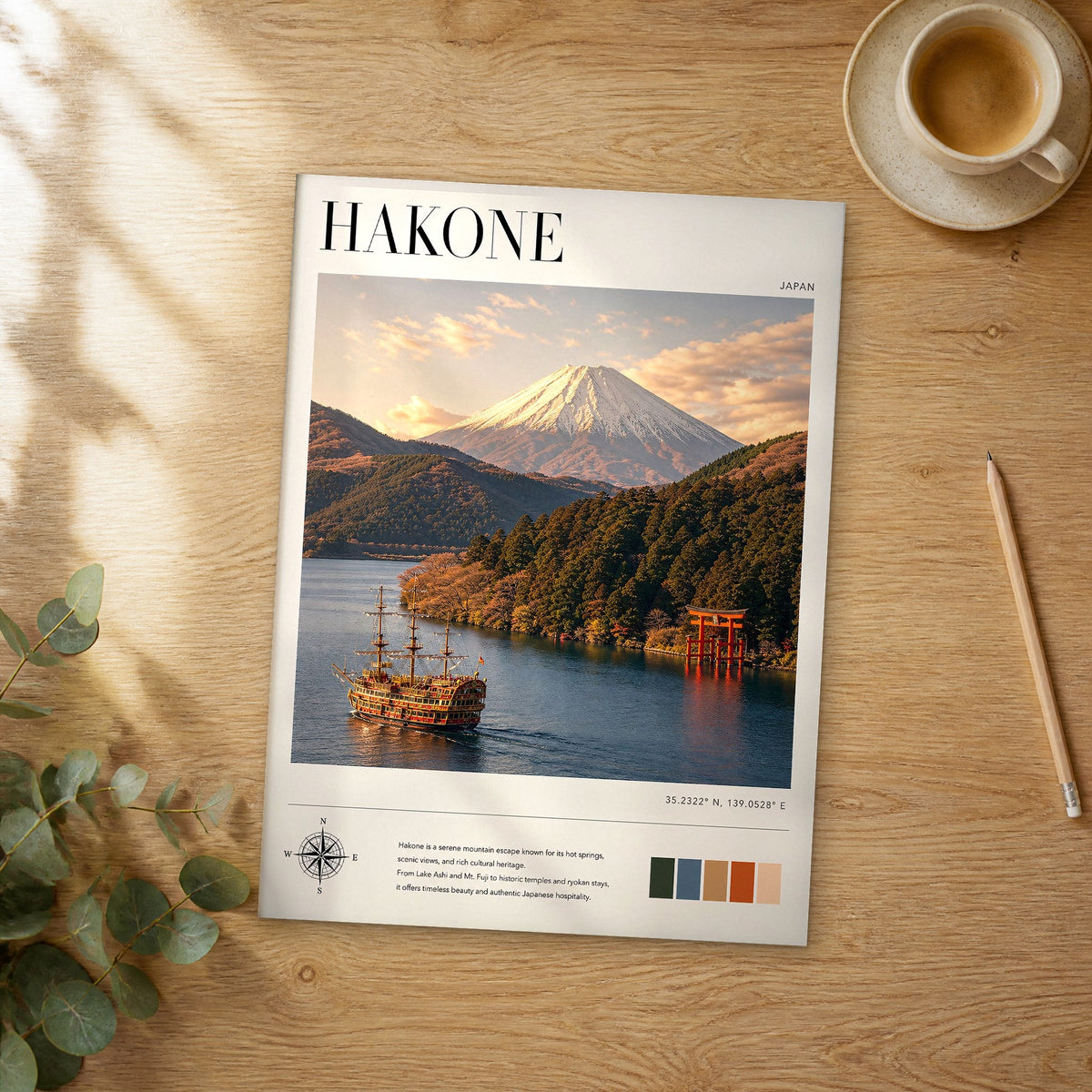 Unframed Hakone modern photography travel poster on a wooden table