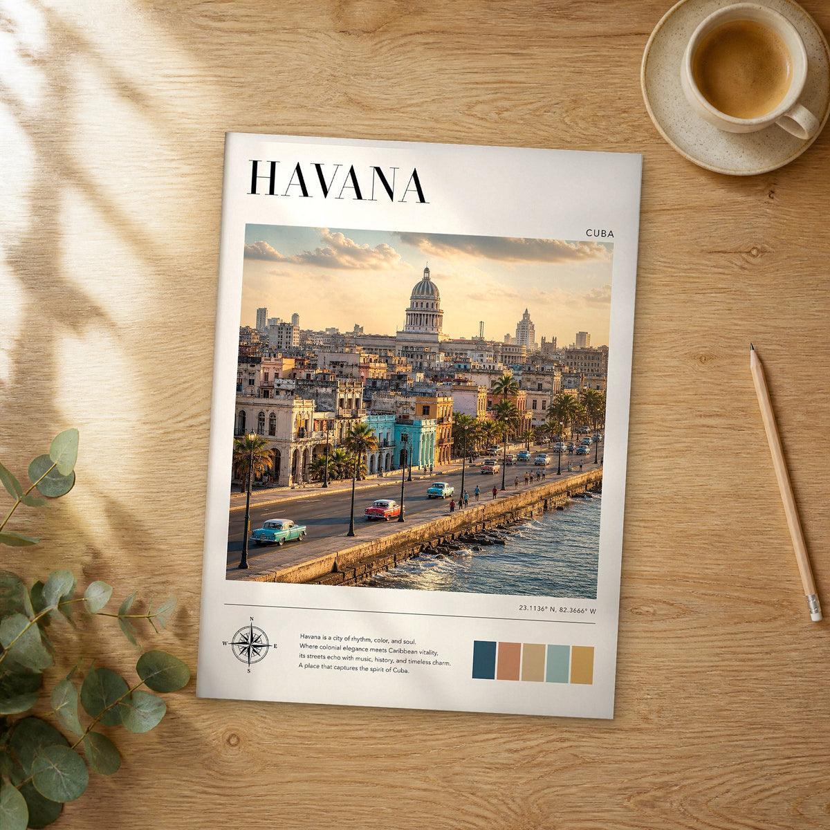 Unframed Havana modern photography travel poster on a wooden table