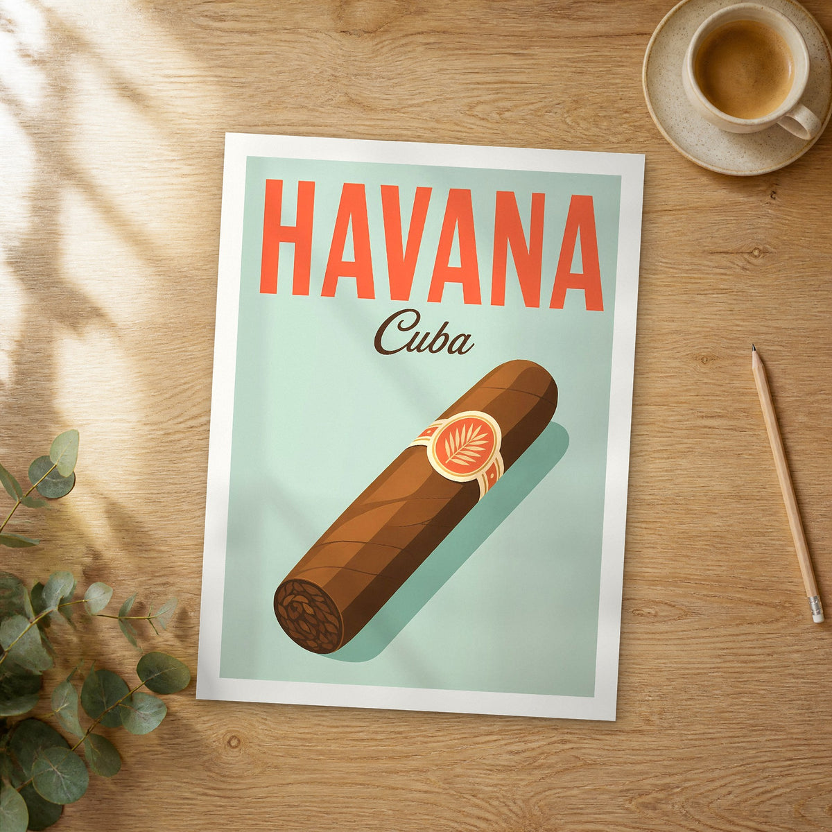 Unframed Havana pop art travel poster on a wooden table