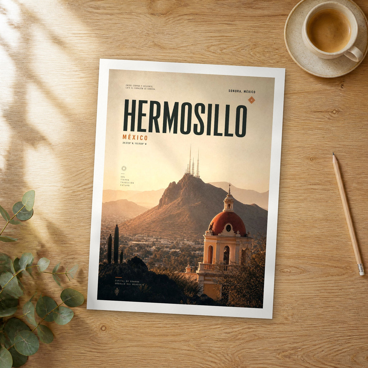 Unframed Hermosillo bold typography travel poster on a wooden table