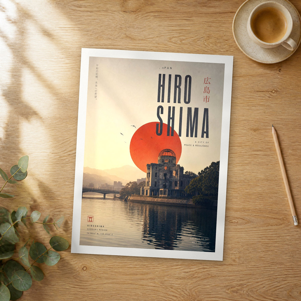 Unframed Hiroshima bold typography travel poster on a wooden table