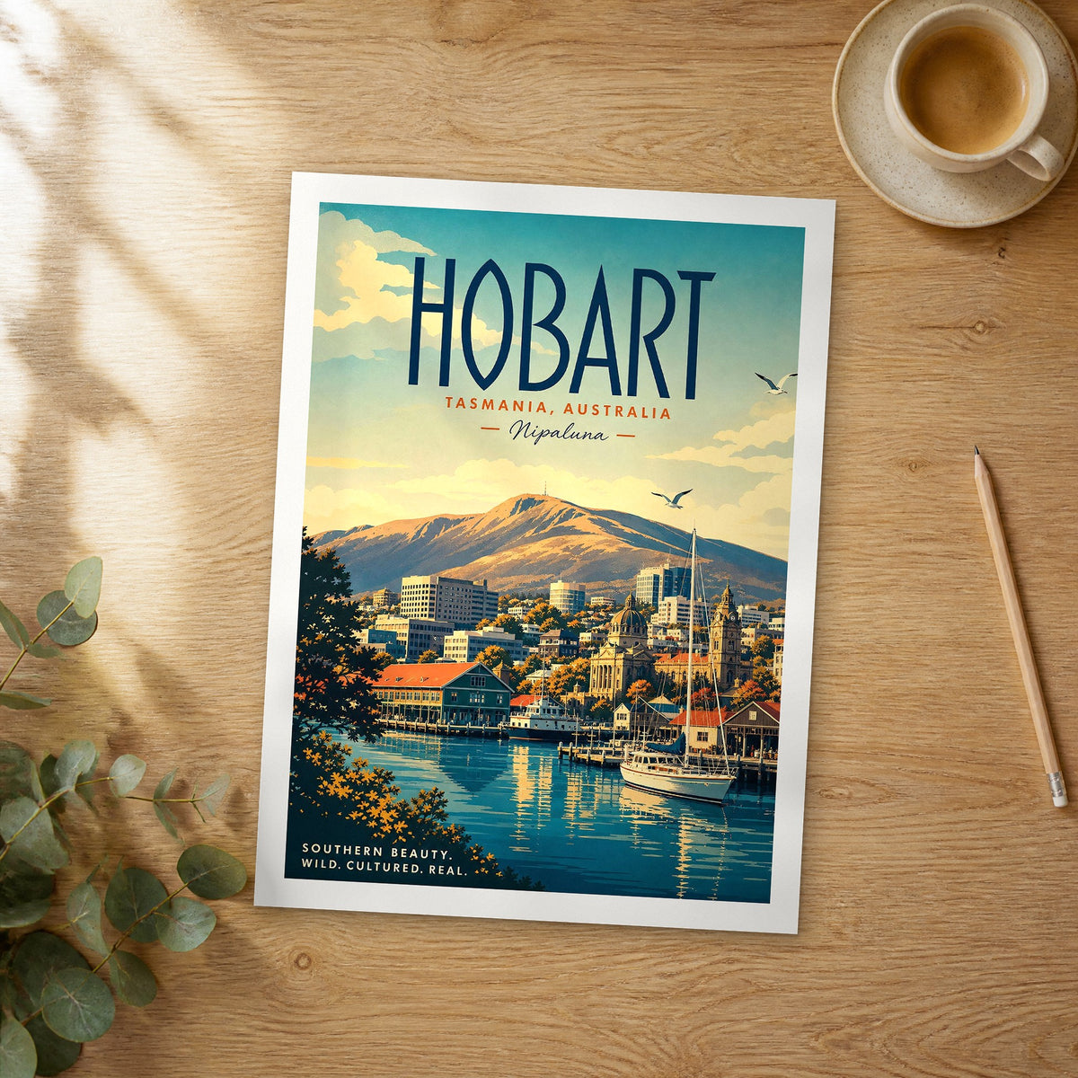 Unframed Hobart retro travel poster on a wooden table