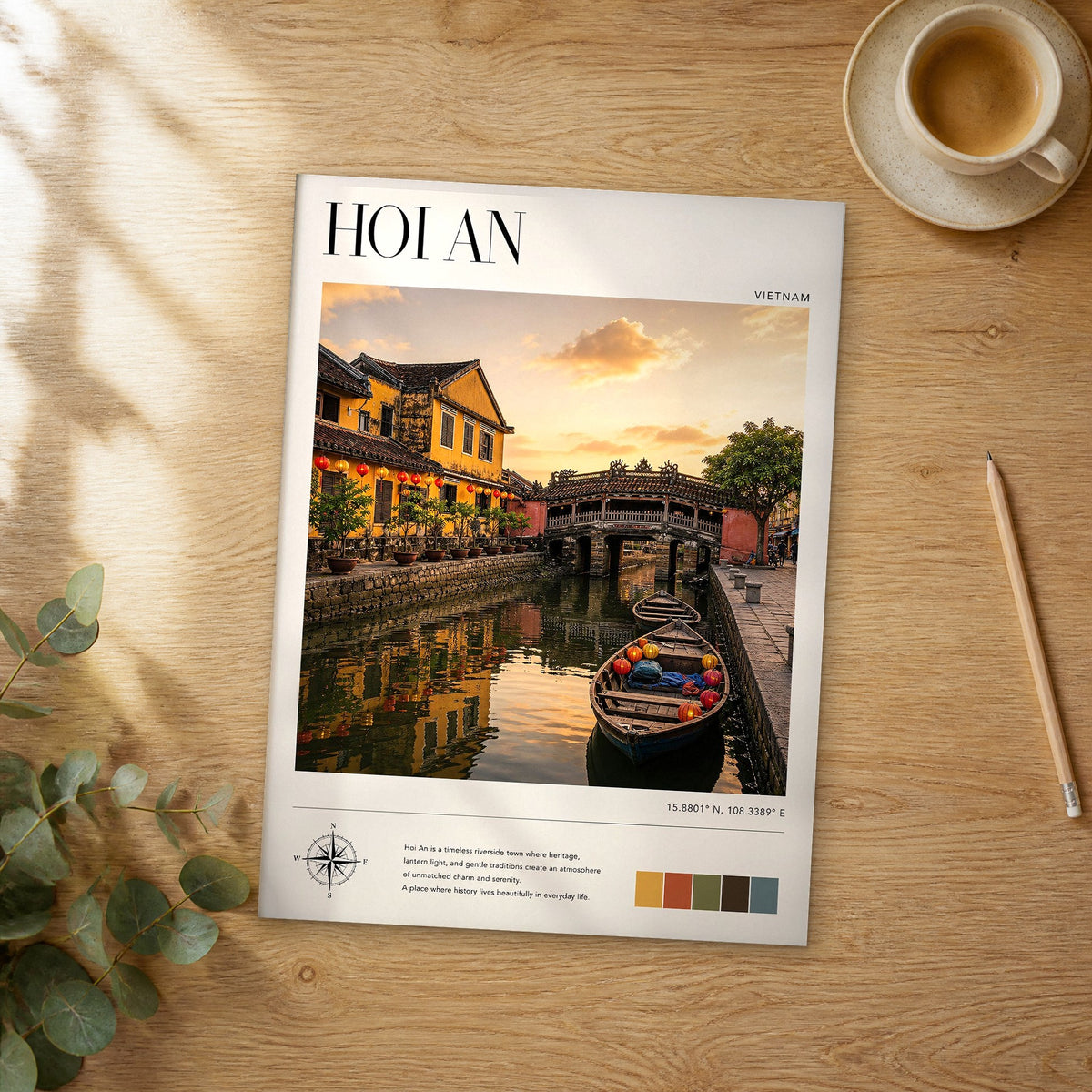 Unframed Hoi An modern photography travel poster on a wooden table