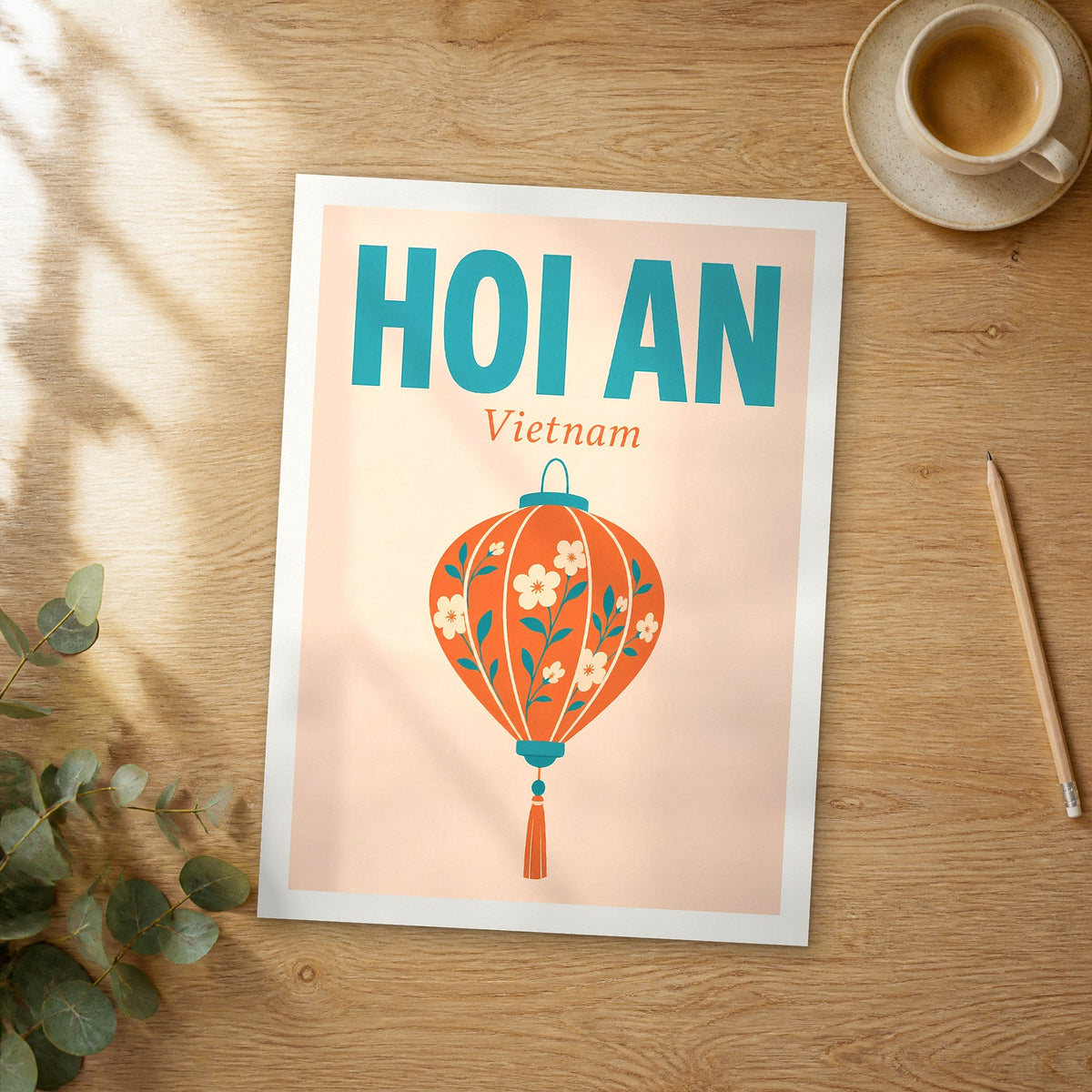 Unframed Hoi An pop art travel poster on a wooden table