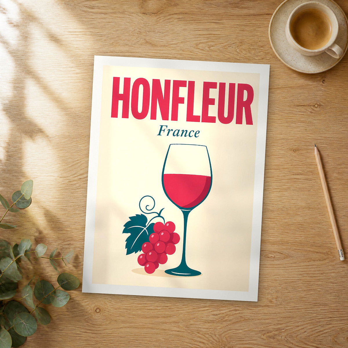 Unframed Honfleur pop art travel poster on a wooden table