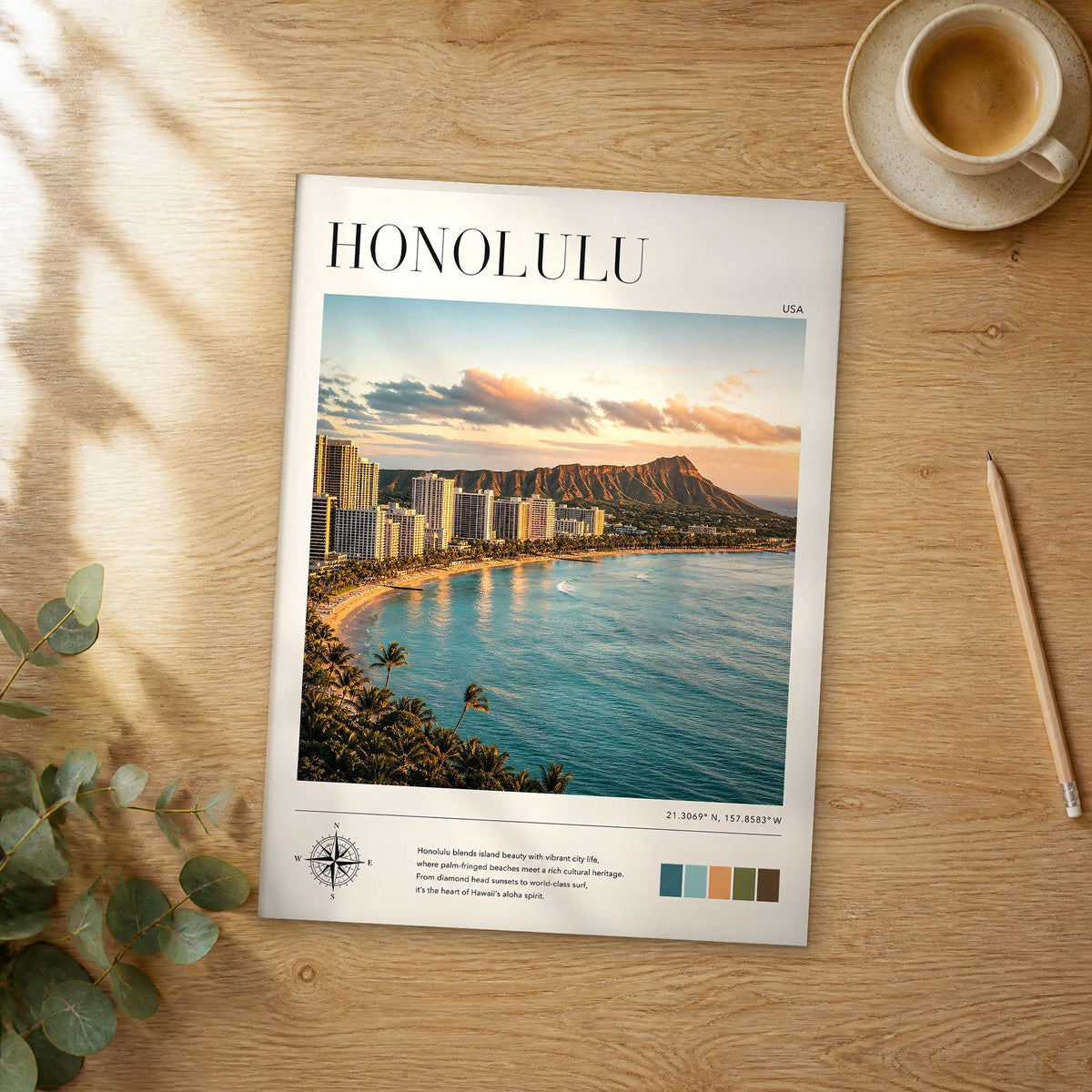 Unframed Honolulu modern photography travel poster on a wooden table