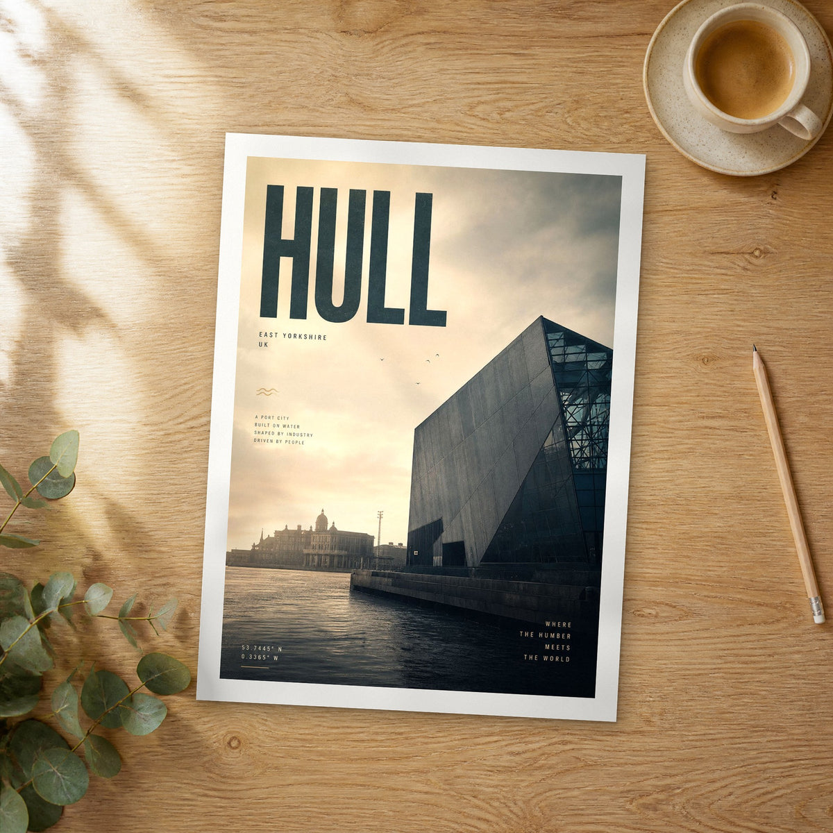 Unframed Hull bold typography travel poster on a wooden table