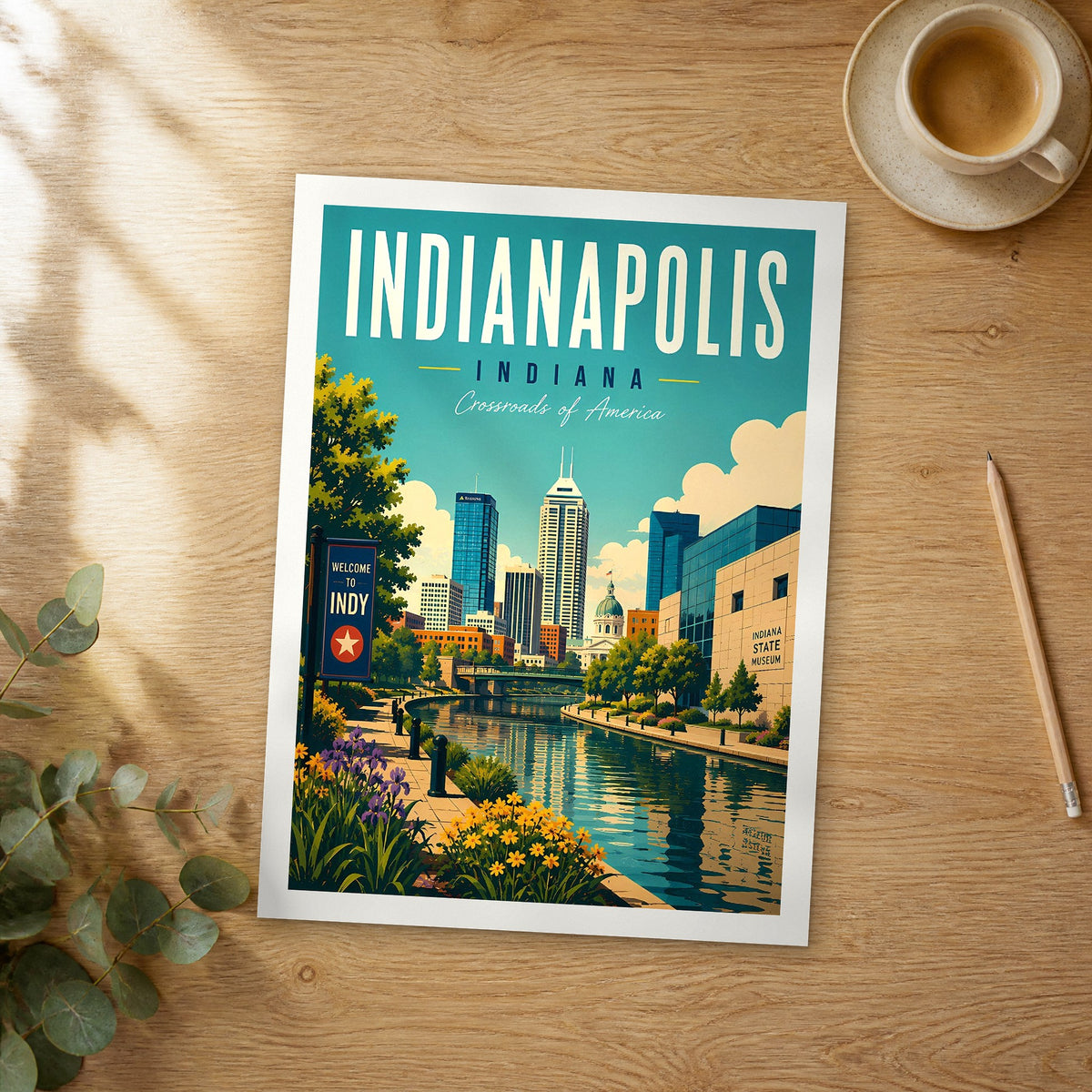 Unframed Indianapolis Downtown Canal Walk retro travel poster on a wooden table