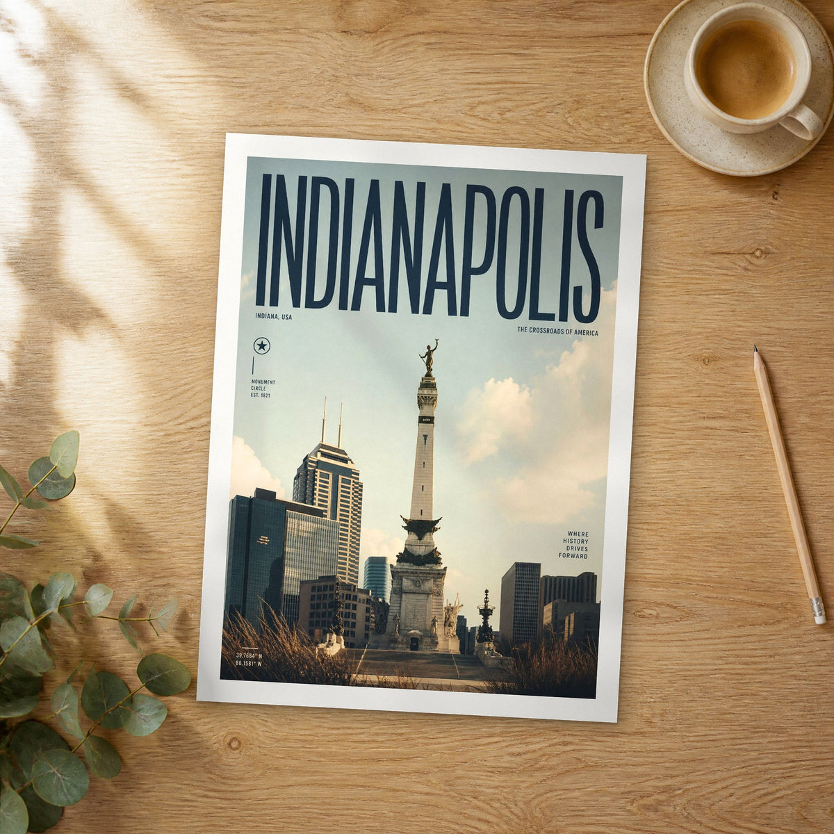 Unframed Indianapolis Monument Circle Skyline bold typography travel poster on a wooden table