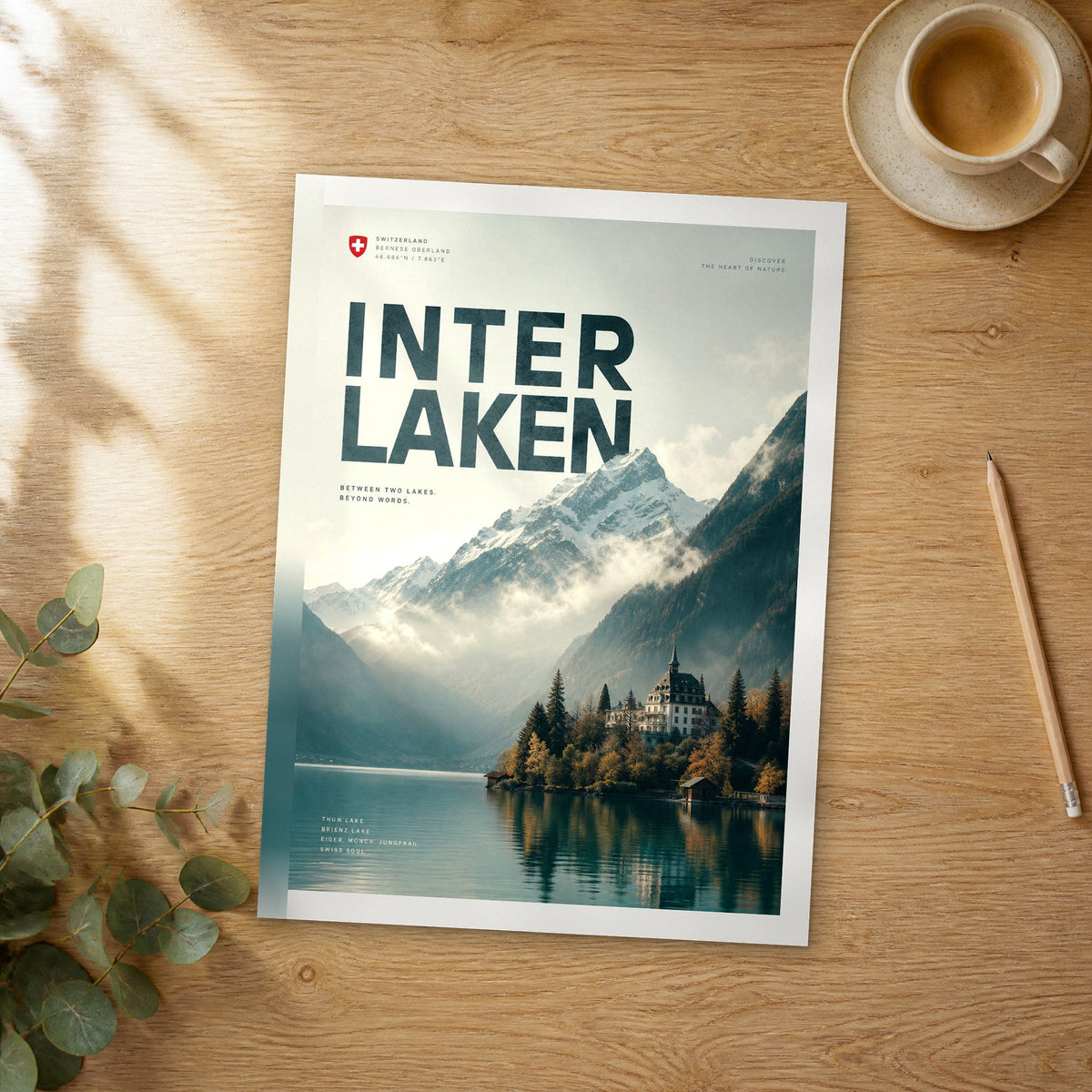 Unframed Interlaken bold typography travel poster on a wooden table