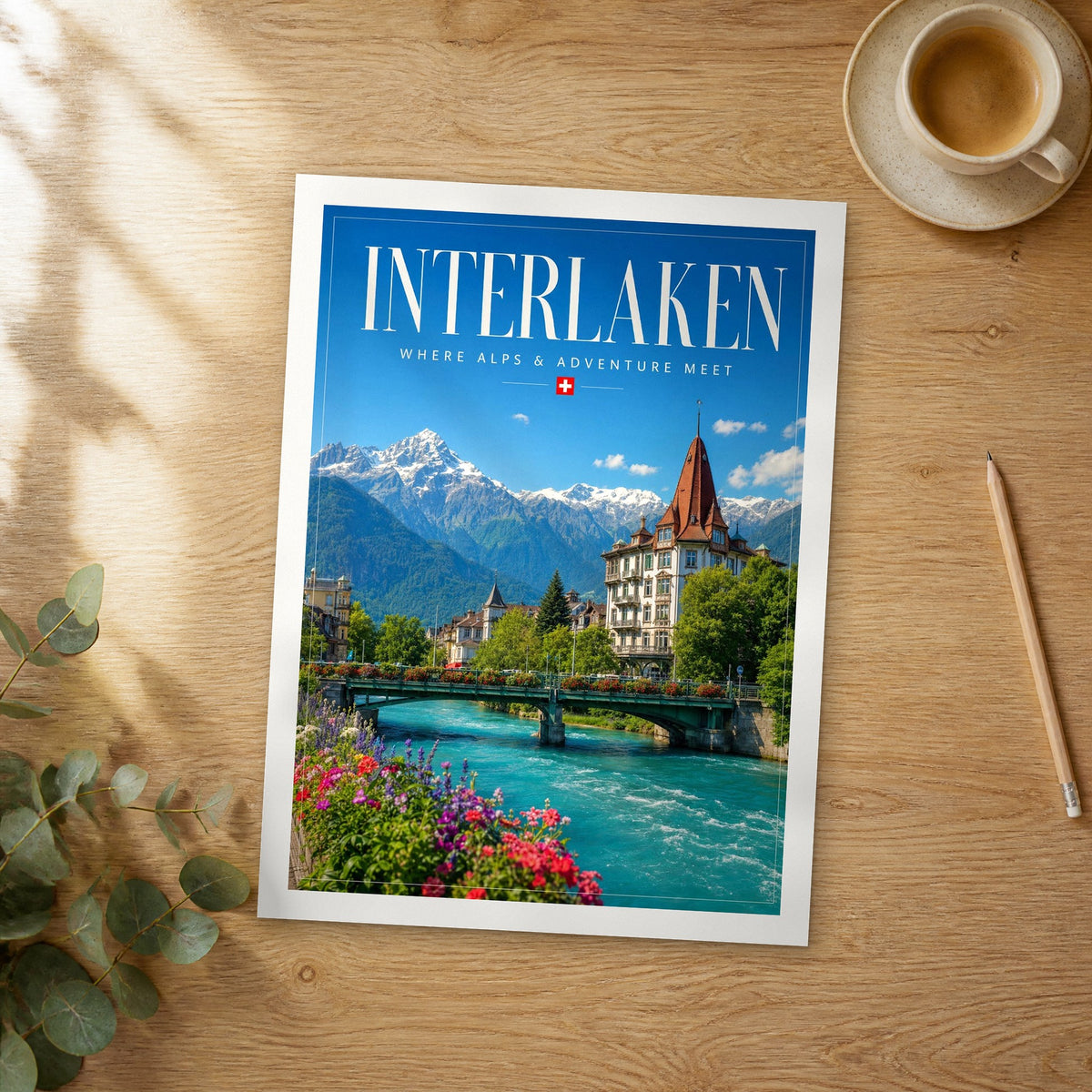 Unframed Interlaken editorial travel poster on a wooden table