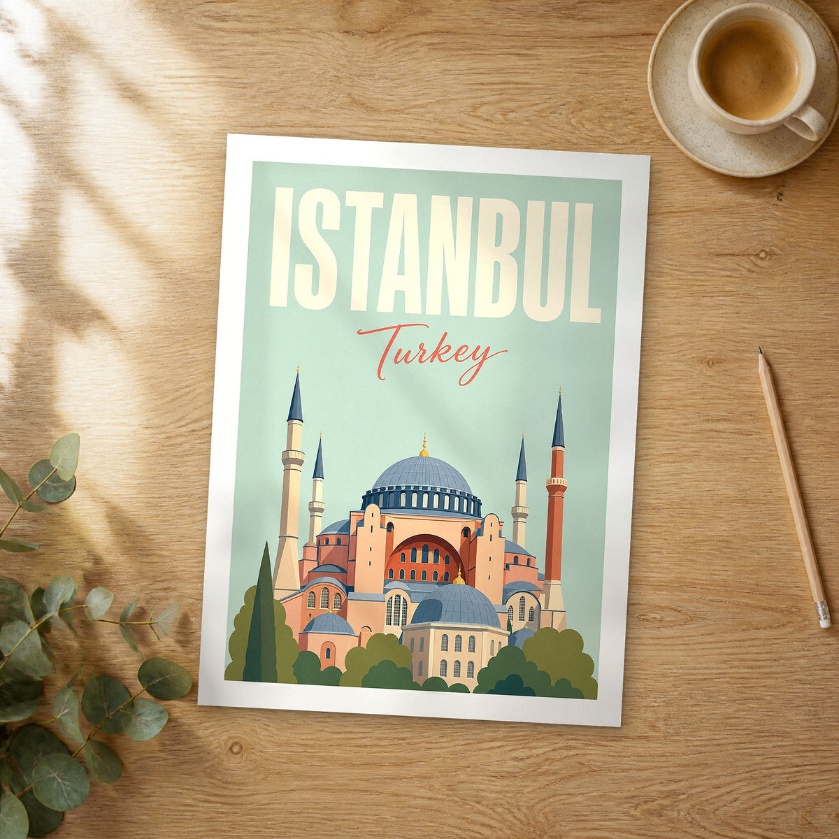 Unframed Istanbul pastel pop art travel poster on a wooden table