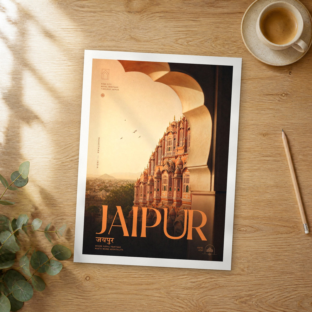 Unframed Jaipur bold typography travel poster on a wooden table