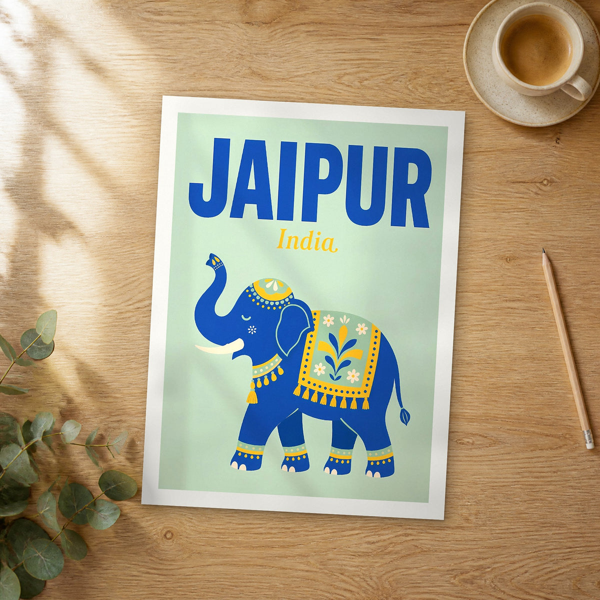 Unframed Jaipur pop art travel poster on a wooden table