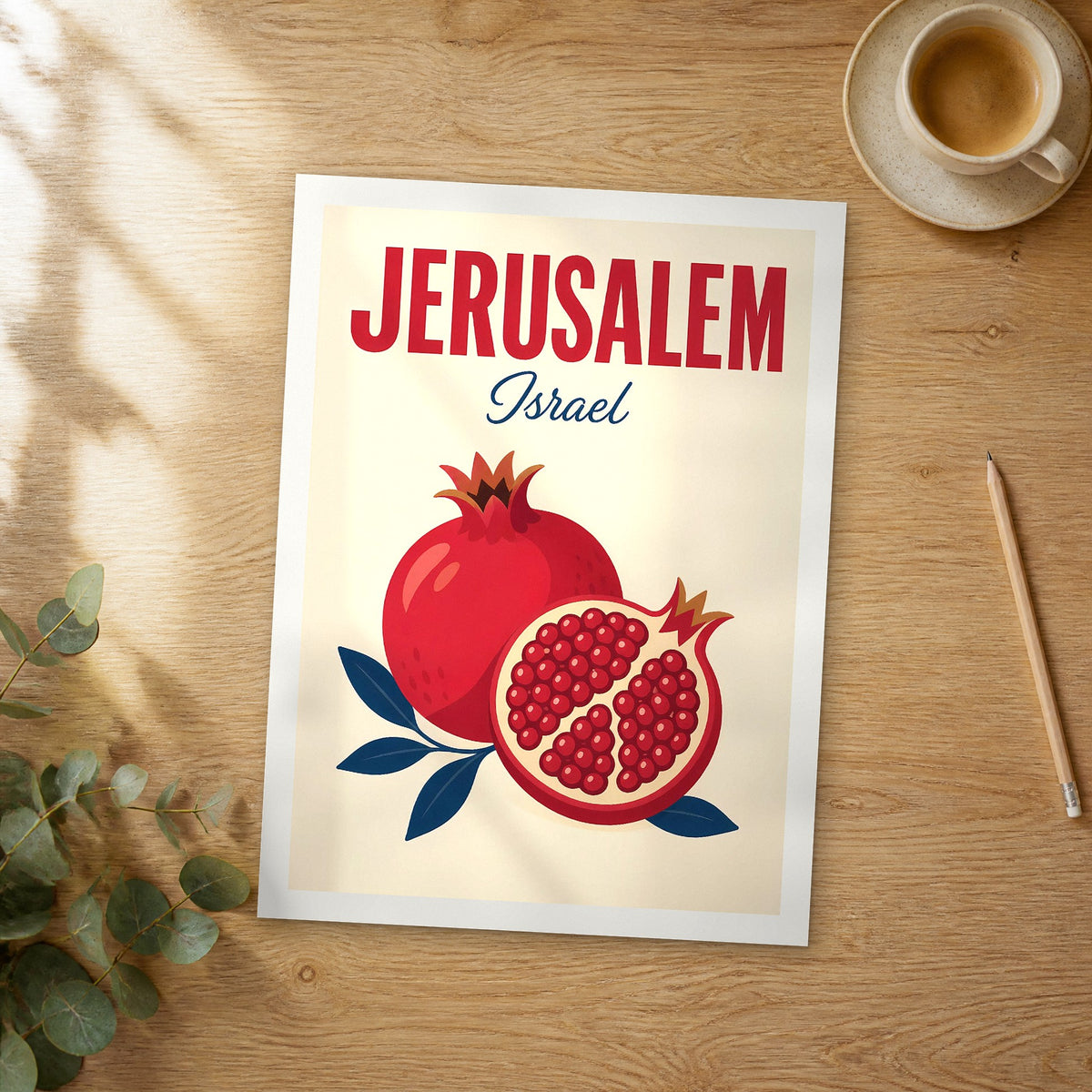 Unframed Jerusalem pop art travel poster on a wooden table