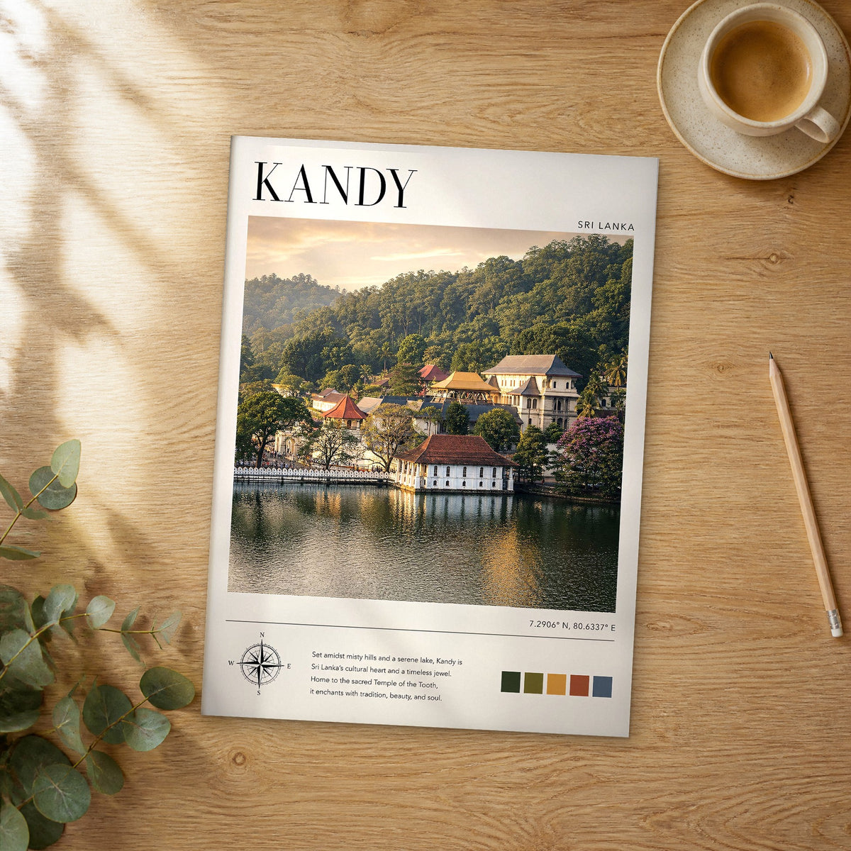 Unframed Kandy modern photography travel poster on a wooden table