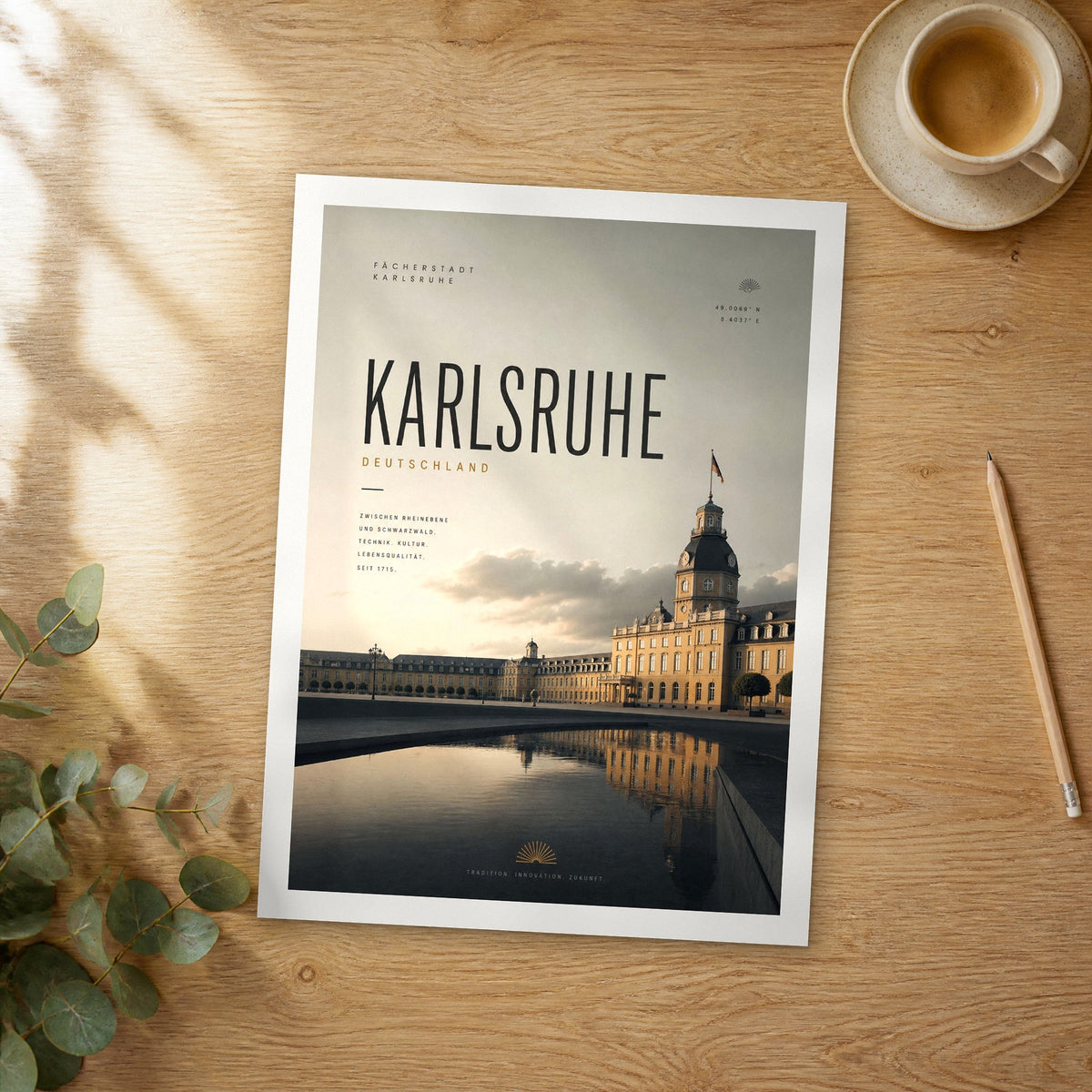 Unframed Karlsruhe bold typography travel poster on a wooden table