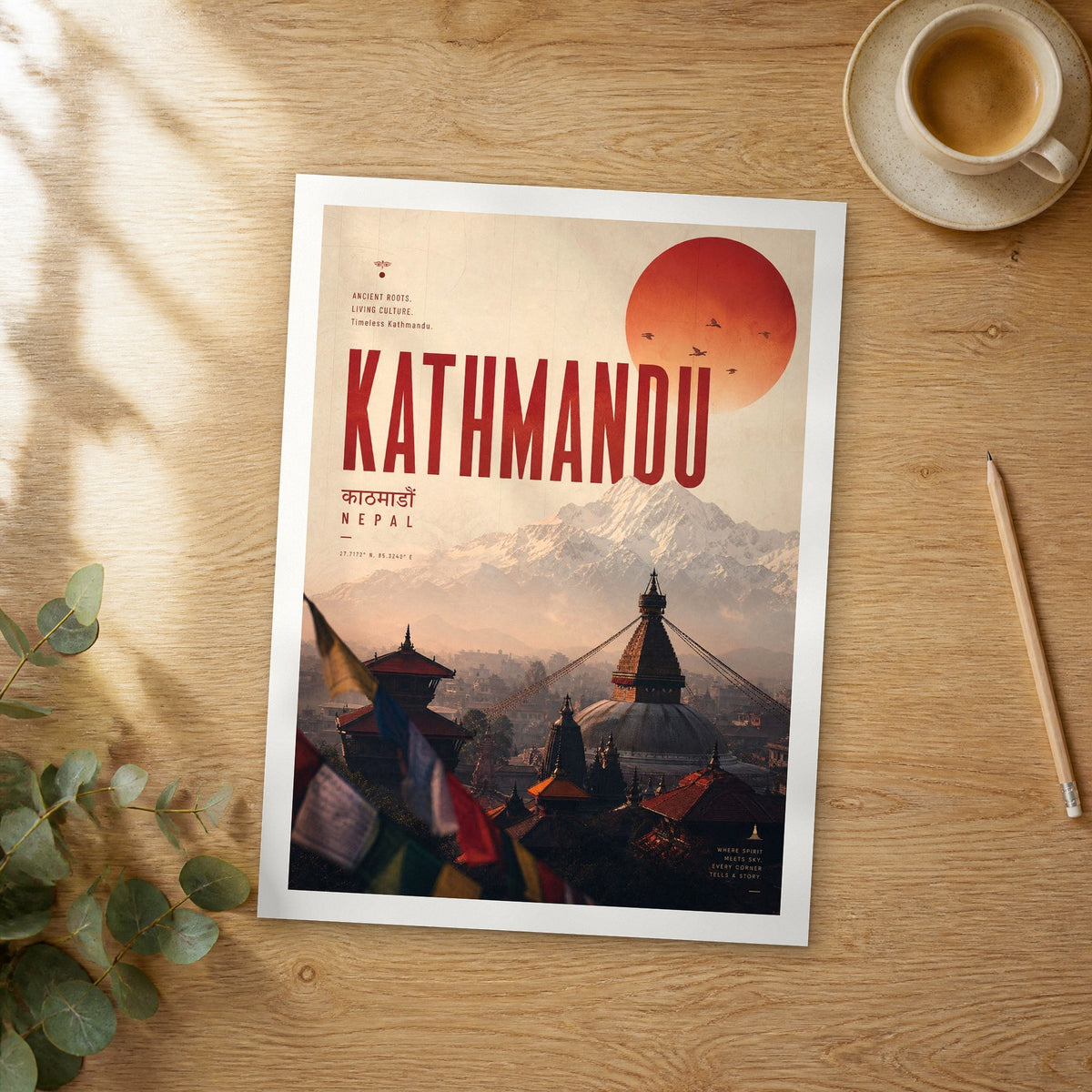 Unframed Kathmandu bold typography travel poster on a wooden table
