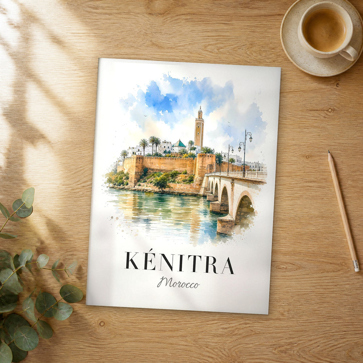 Unframed Kénitra watercolor travel poster on a wooden table