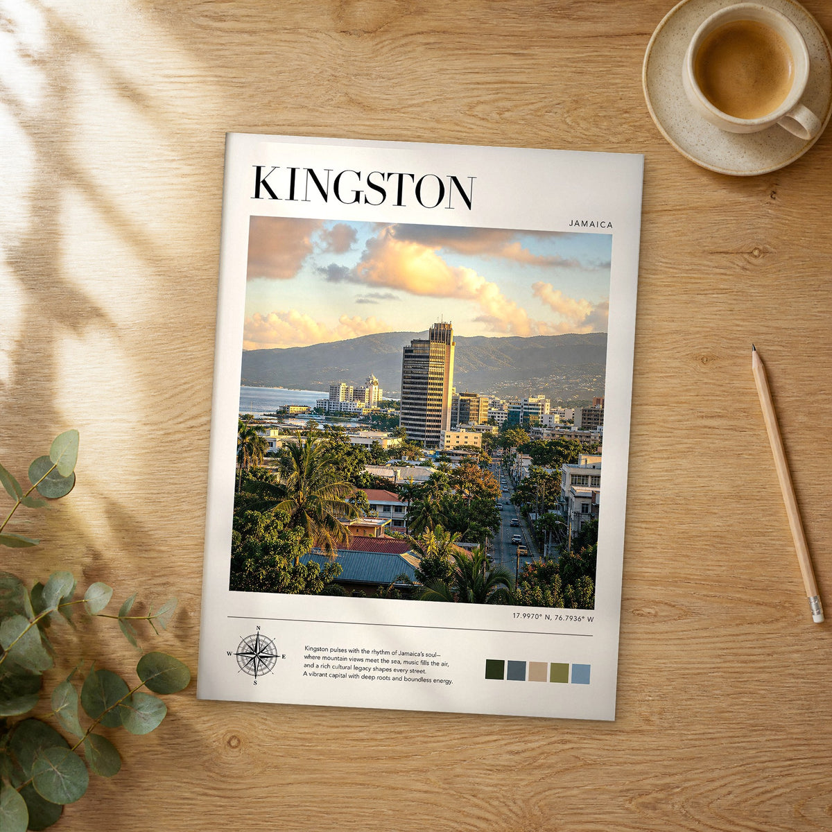 Unframed Kingston modern photography travel poster on a wooden table